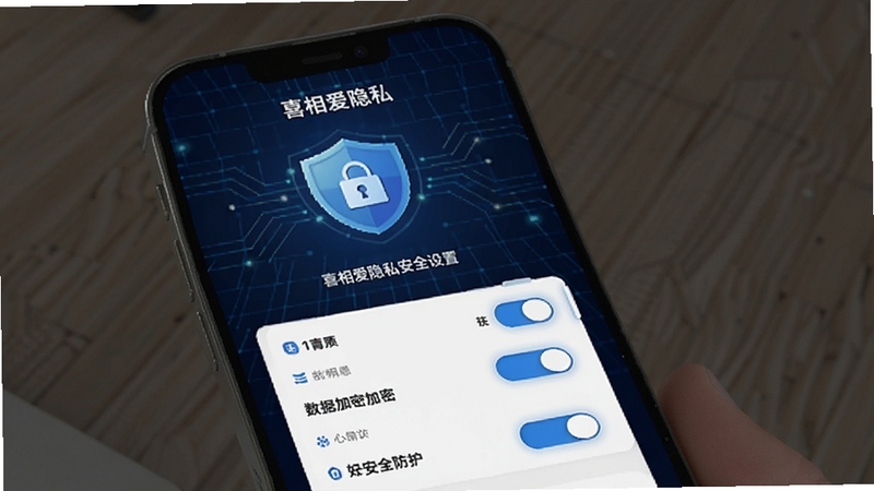喜相爱隐私安全设置界面,手机屏幕显示盾牌锁图标与开关按钮列表,背景为深蓝色科技网格,突出数据加密与安全防护概念,适配Boogu模型生成