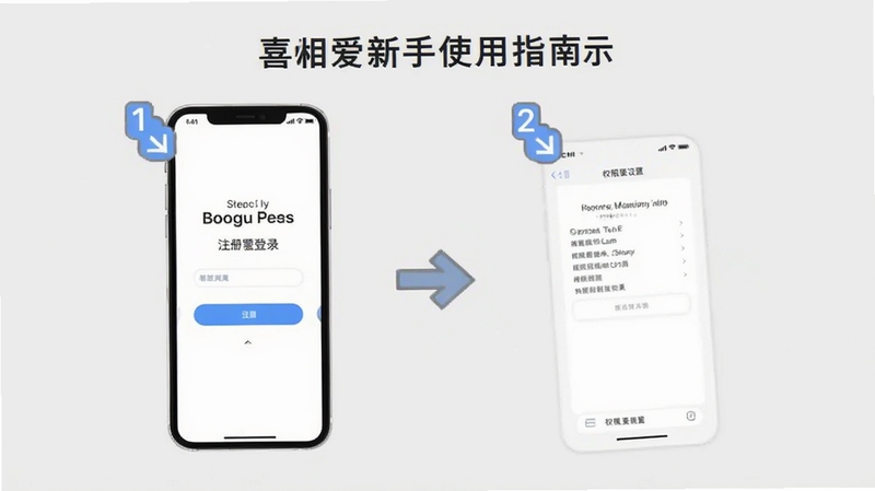 喜相爱新手使用指南示意图,手机屏幕展示注册登录流程与权限设置界面,背景为浅灰色,配有步骤序号与箭头指引,风格简洁明了,适配Boogu模型生成