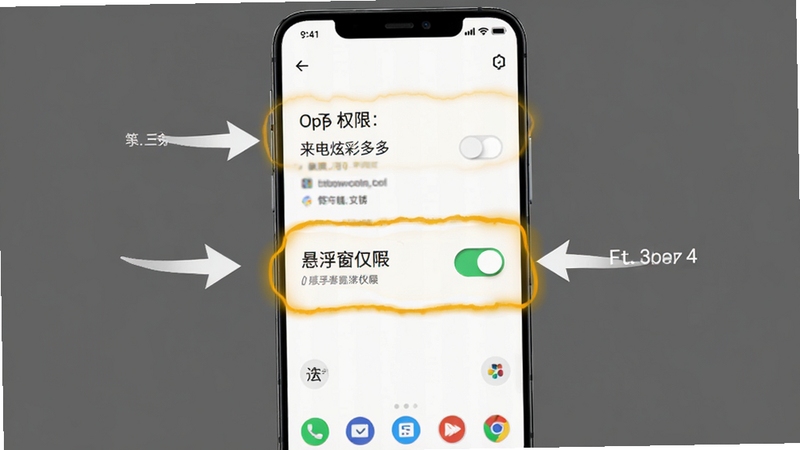 来电炫彩多多App在安卓手机上的权限设置引导页面,画面显示存储权限和悬浮窗权限开关被高亮标注,手机界面清晰,背景为纯色,有箭头指示操作步骤,风格简洁直观