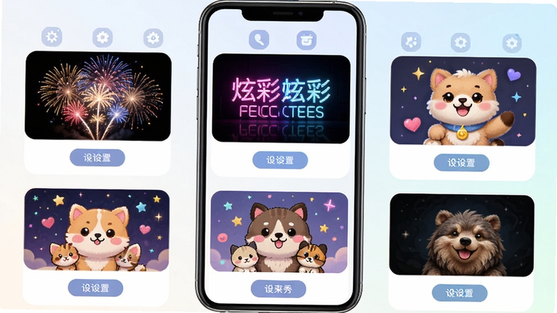 来电炫彩多多App界面中展示多个炫彩来电秀主题缩略图,包括烟花绽放、霓虹灯效、卡通萌宠等风格,每个缩略图下方有设置按钮,背景为浅色渐变,手机屏幕明亮清晰,整体布局整齐美观