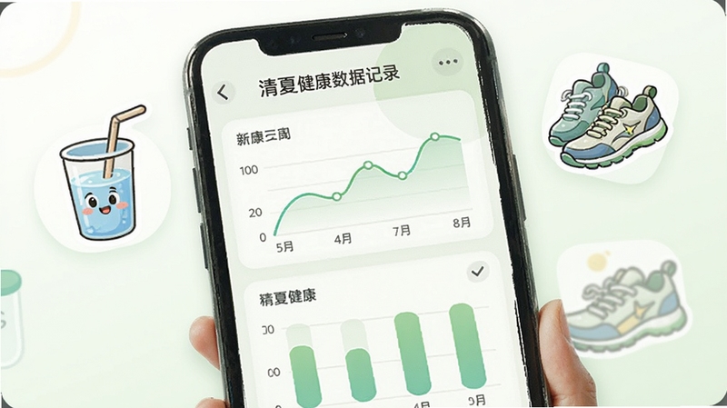 清夏健康数据记录界面,手机屏幕显示折线图与柱状图,背景为白色与淡绿色,画面中有卡通风格的水杯和跑鞋图标,突出健康记录主题,带清夏健康软件名称