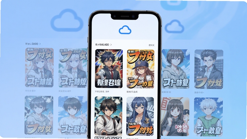 漫剧AI创作云端作品库界面,手机屏幕显示整齐排列的漫剧封面缩略图,顶部有云朵图标,背景是柔和的渐变蓝色,象征数据安全存储与便捷管理