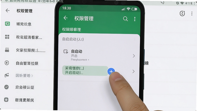 手机监控超清看家安装权限设置示意图,画面展示安卓手机设置界面中权限管理页面,手指正在点击开启自启动权限,背景为浅色系统设置菜单,手机屏幕坐标居中,适配Boogu模型生成