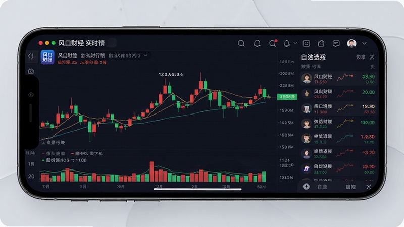 风口财经app实时行情界面截图,展示红绿相间的K线图与自选股列表,手机横屏显示,背景为深色专业金融风格,数据清晰可见,适配Boogu模型生成,突出科技感与专业感