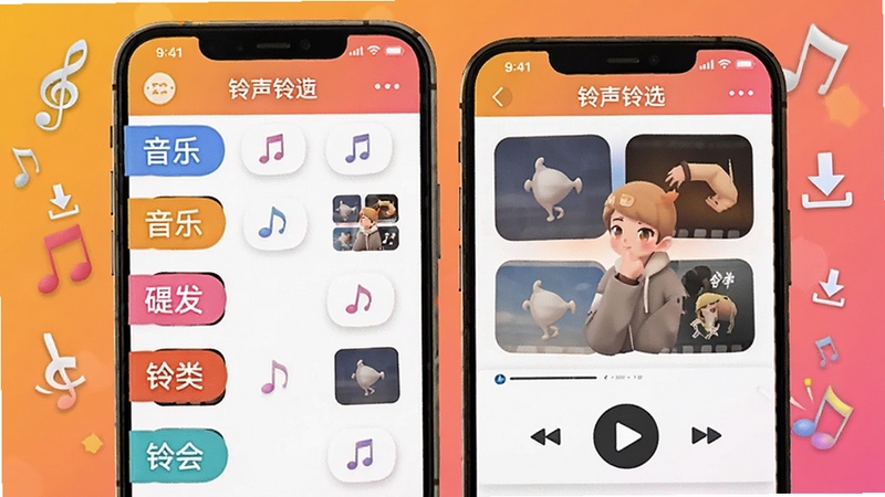 铃声精选免费海量铃声资源库场景,画面展示手机屏幕中分类清晰的铃声列表,左侧为音乐分类标签,右侧为铃声播放界面,背景为暖色调渐变,点缀音符与下载箭头图标,整体风格活泼明快
