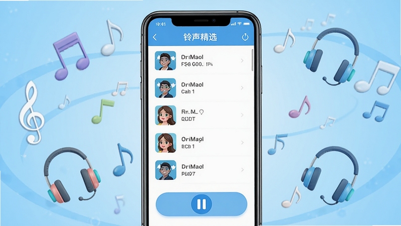 铃声精选免费软件主界面展示,画面中央为手机屏幕,屏幕内显示铃声列表与播放按钮,背景为浅蓝色渐变,周围环绕音符与耳机图标,整体风格清新明快,突出铃声精选免费的核心功能与视觉标识