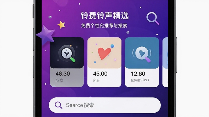铃声精选免费个性化推荐与搜索界面,画面展示手机屏幕中推荐铃声卡片与搜索框,背景为紫色渐变,点缀星星与搜索图标,整体风格时尚现代