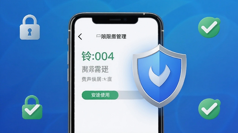 铃声精选免费安全使用场景,画面展示手机屏幕中权限管理界面与安全盾牌图标,背景为蓝色渐变,点缀锁与对勾图标,整体风格稳重可靠