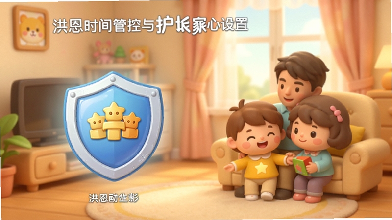 洪恩动画故事 家长中心界面 显示时长管控与护眼设置 卡通盾牌图标 背景为温馨家庭场景 适合Boogu模型生成
