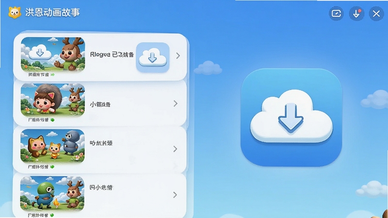 洪恩动画故事 离线下载管理界面 显示已下载故事列表 卡通云朵下载图标 背景为简约蓝色渐变 适合Boogu模型生成