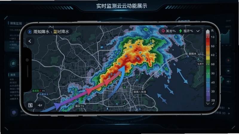 雨知降水天气实时降水云图功能展示,画面为手机屏幕显示彩色雷达回波图,叠加城市地图与雨带移动箭头,背景为深色科技感界面,突出降水云图实时监测与动态追踪