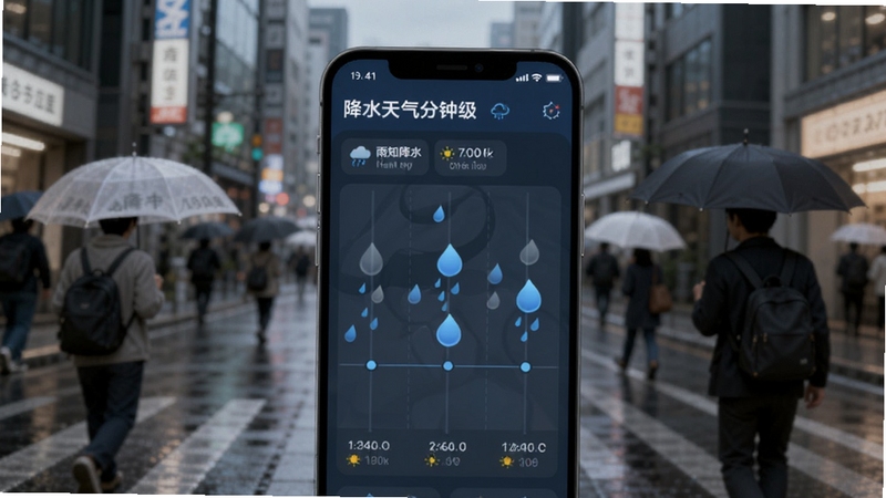 雨知降水天气分钟级降水预报界面,画面主体为手机屏幕上的时间轴与雨滴图标,背景为城市街道与行人撑伞场景,光线柔和,突出精准到分钟的降水提示功能