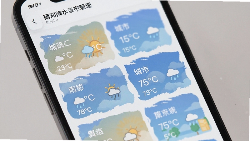 雨知降水天气多城市管理界面,画面为手机屏幕展示多个城市天气卡片列表,每张卡片包含城市名称、温度与降水图标,背景为简约浅色风格,突出多城市便捷切换与管理功能
