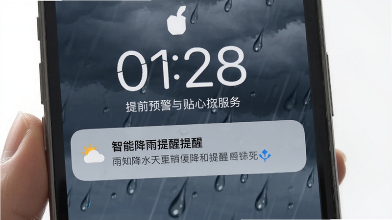 雨知降水天气智能降雨提醒功能,画面为手机锁屏界面弹出降雨提醒通知,背景为乌云密布与雨滴落下场景,突出提前预警与贴心提醒服务