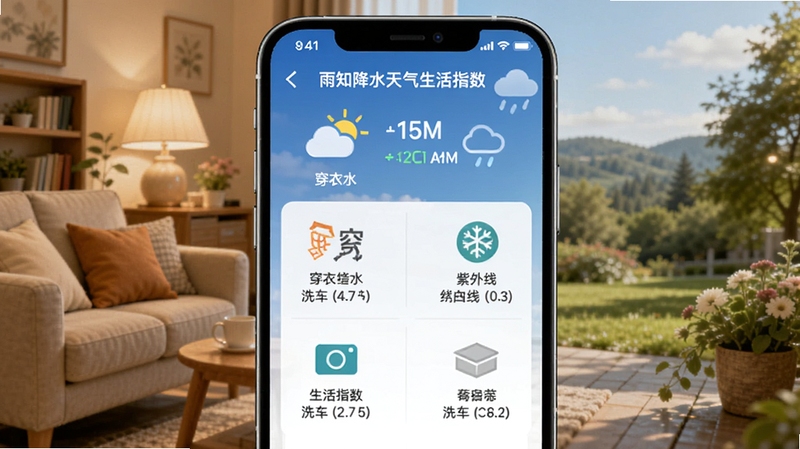 雨知降水天气生活指数界面,画面为手机屏幕展示穿衣、紫外线、洗车等生活指数图标与建议文字,背景为温馨家居与户外场景融合,突出天气信息与生活服务结合