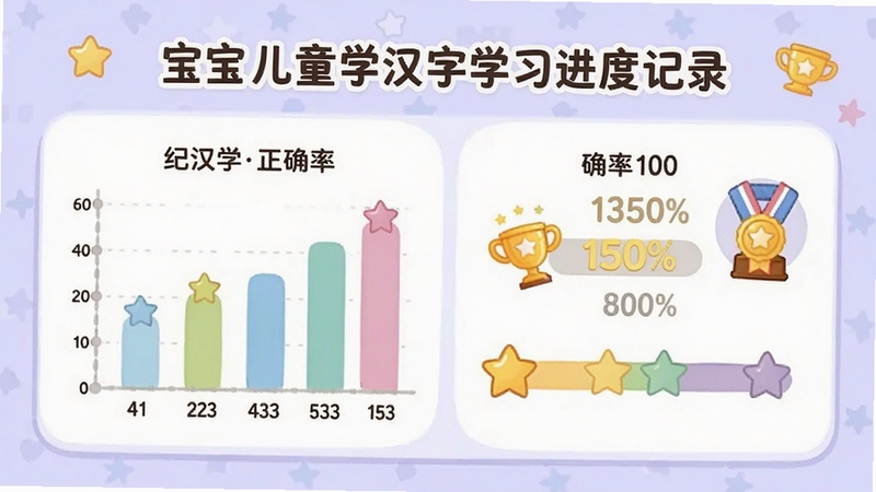 ������ͯѧ����ѧϰ���ȼ�¼ҳ�棬����չʾһ����ͨ����ͼ�����棬������״ͼ�����ǽ���������ʾ��ѧ������������ȷ�ʣ��Ա��пɰ��Ľ�����ѫ��ͼ�꣬��������͵�ǳ��ɫ�����������¼��