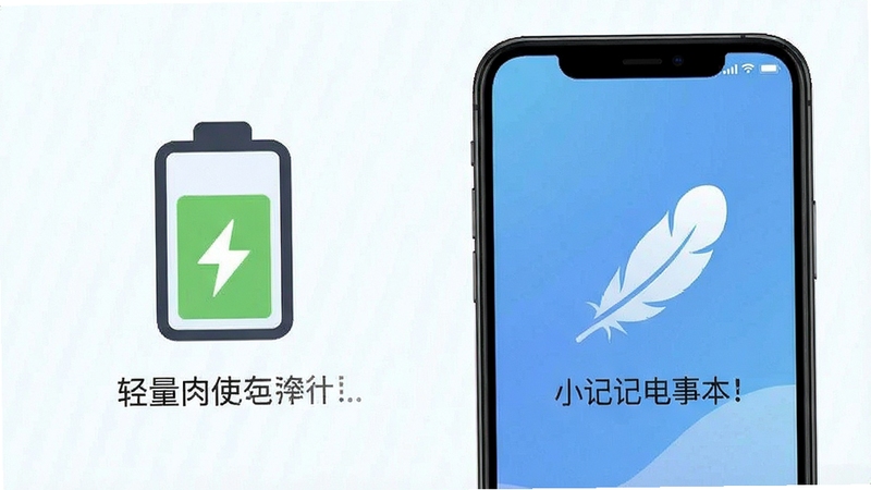 小记记事本 轻量省电运行示意 手机显示低内存占用状态 背景为简洁的电池与羽毛图标 突出轻便流畅的特点