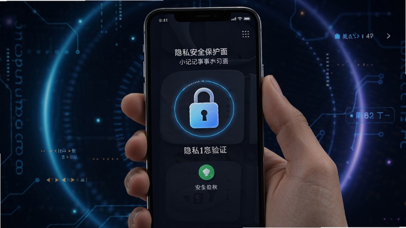 小记记事本 隐私安全保护界面 手机屏幕显示应用锁验证画面 背景为深色科技感光晕 突出安全锁图标和隐私保护概念