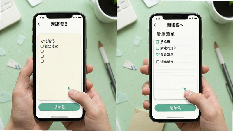 小记记事本 新手操作步骤示意图 手机屏幕分步展示新建笔记与清单勾选 背景为浅绿色桌面 突出简单易用的操作界面