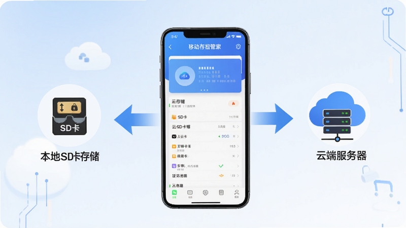 移动手机监控管家 云存储与本地存储对比示意图,画面中央为一部手机显示存储管理界面,左侧图标代表本地SD卡存储,右侧图标代表云端服务器存储,中间用双向箭头连接;背景为柔和的蓝白渐变,整体风格清新简洁,适合软件功能说明配图