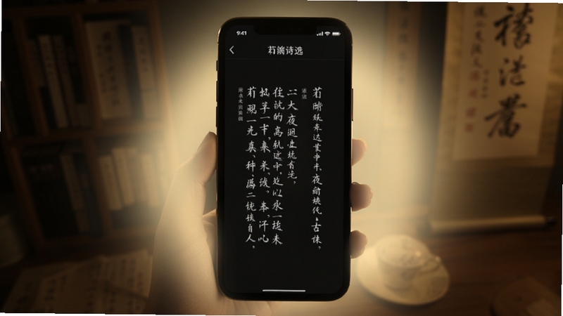 ��ʫѡҹ��ģʽ�Ķ����棬����Ϊ��ɫ�����ֻ���Ļ��ʾ��ʫ���֣���Χ����͹��Σ����尲�����ʣ����ֻ����Ķ�����