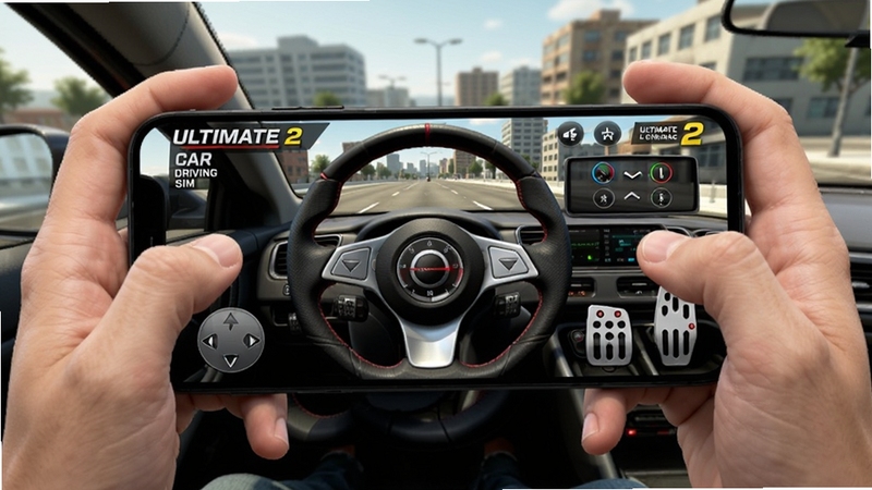 �ֻ�������ʾ Ultimate Car Driving Sim 2 ��Ϸ���棬��Ļ�Ͽɼ����ⷽ����������ɲ������������Ϊ���е�·�����˫���ճ��ֻ�����һ�˳��ӽǣ��Ƽ��н���