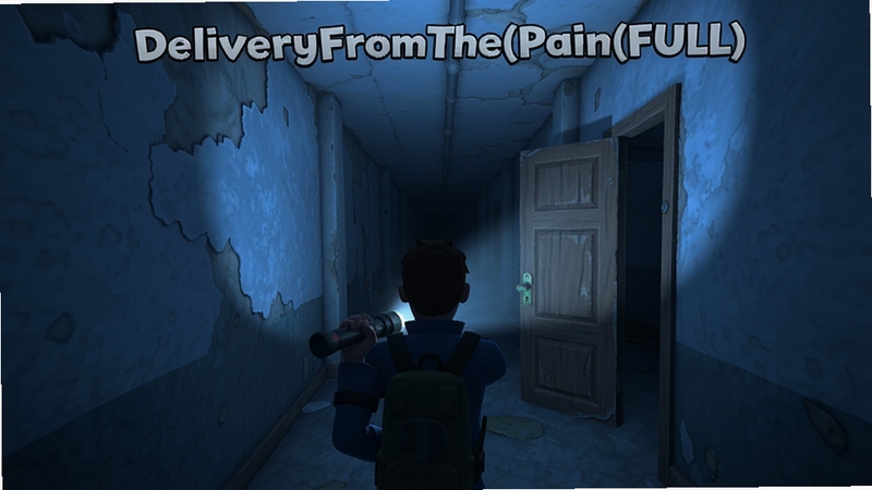 DeliveryFromThePain(FULL)游戏主界面,昏暗走廊场景,主角手持手电筒背影位于画面中央,背景是斑驳墙面与半开的木门,整体色调偏冷蓝,适配Boogu模型生成