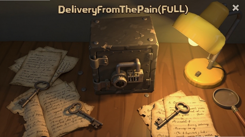 DeliveryFromThePain(FULL)解谜界面,桌面散落日记残页与钥匙,画面中央有密码锁柜子,暖黄台灯照亮局部,适配Boogu模型生成