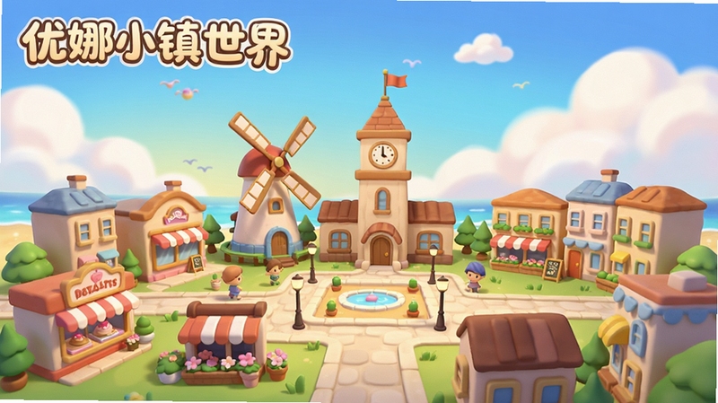 一座色彩明快的卡通海滨小镇全景,画面中央是带有风车和钟楼的中心广场,四周分布着甜品店、花店和矮层公寓,背景是渐变蓝天与棉花糖般的白云,画面左上角用圆润字体标注“优娜小镇世界”,整体风格温暖治愈,适合作为游戏主界面视觉图