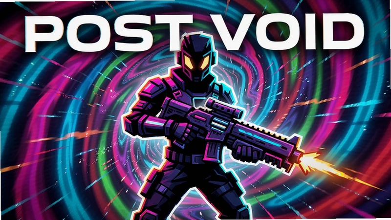 Post Void 游戏主视觉图,画面中央是一个风格化的人物手持武器,背景是色彩斑斓、扭曲旋转的迷幻通道,霓虹色调,高对比度,动感线条,适合作为安卓射击游戏宣传图