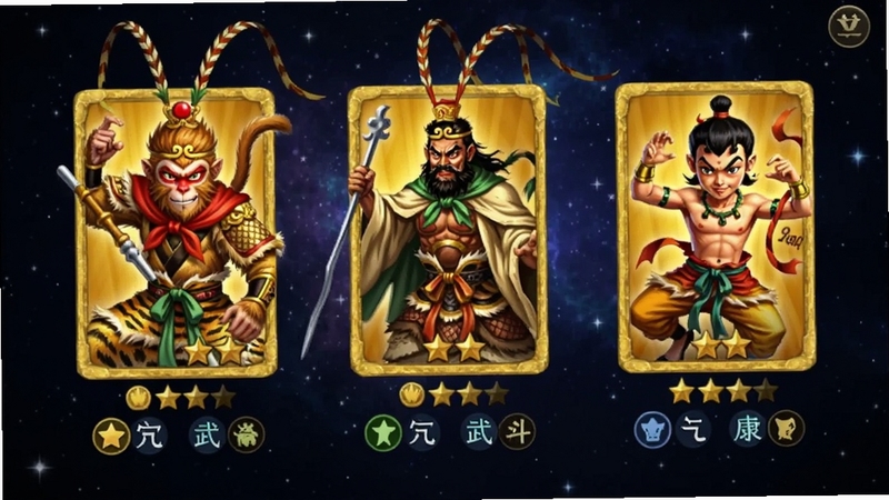 梦回西游记-神仙乱斗武打回合 角色卡牌展示界面,画面中央为三张金色卡牌,分别印有孙悟空、二郎神、哪吒的形象,背景为深色星空,卡牌下方显示星级与属性,适配Boogu模型生成