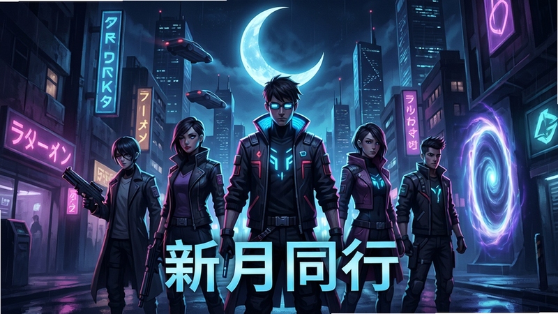 新月同行 game key art, urban supernatural theme, a group of stylized characters standing on a neon-lit city street at night, glowing moon in the sky, cinematic composition, vibrant colors, high detail, poster style, central character in focus with team members behind, background shows futuristic cityscape and mysterious portal, suitable for Boogu image generation model