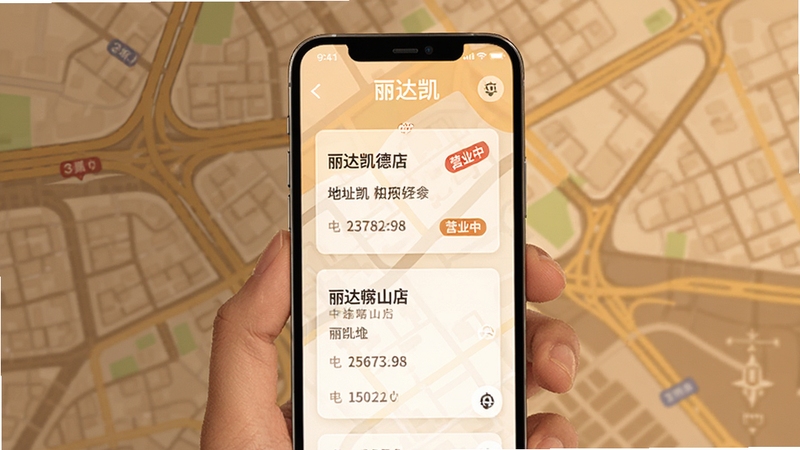 丽达凯门店查询功能界面,手机屏幕显示丽达凯德店与丽达崂山店的门店卡片,卡片上标注地址、电话和营业中标签,背景为城市地图轮廓,色调温暖柔和,突出便捷查询主题