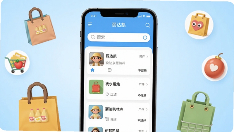 丽达凯软件主界面全貌展示,画面中央为手机屏幕,屏幕内呈现丽达凯应用首页,包含门店列表与搜索框,背景为浅蓝色渐变,周围环绕超市购物袋、商品图标等生活元素,整体风格清新明亮,适配Boogu模型生成
