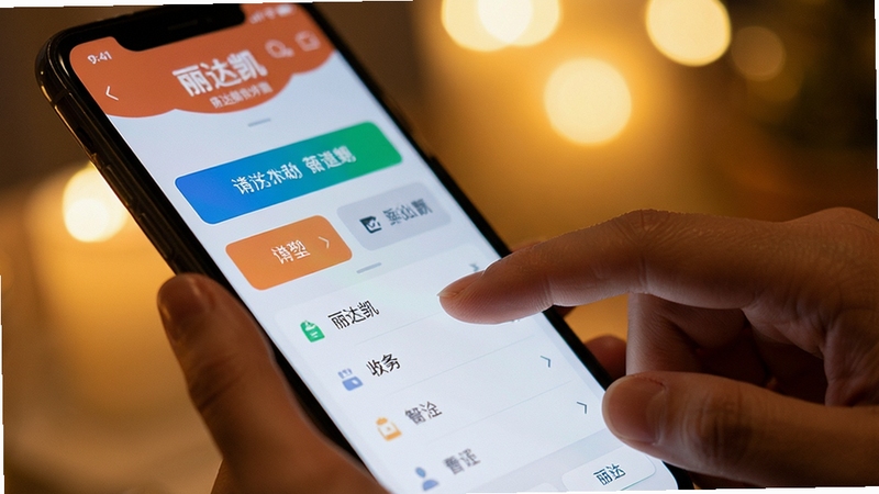 丽达凯操作界面特写,展示手指点击手机屏幕的瞬间,屏幕内为丽达凯应用的功能按钮与列表,背景虚化为暖色光晕,突出流畅交互与简洁设计