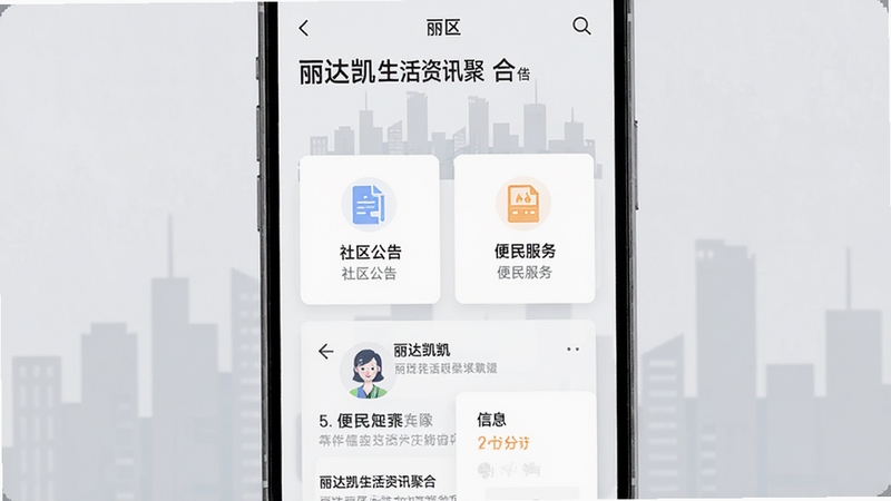丽达凯生活资讯聚合页面,手机屏幕中显示社区公告与便民服务图标,背景为浅灰色调,画面中有城市剪影与信息卡片,风格简约现代