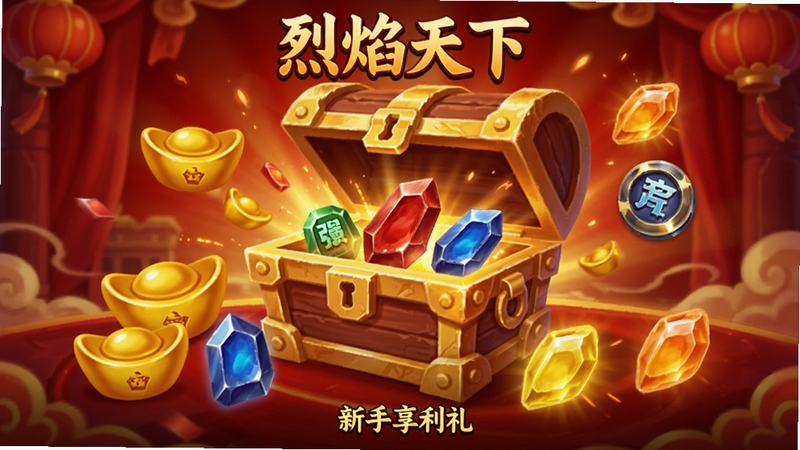 烈焰天下-上线享好礼 新手福利界面截图风格,画面中央为打开的金色宝箱,周围环绕元宝、强化石与经验丹图标,背景为喜庆红色调,细节丰富,适配Boogu模型生成