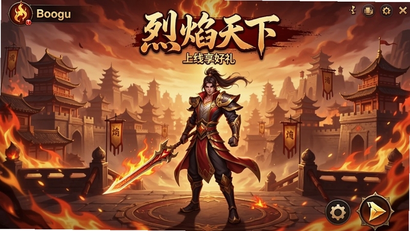 烈焰天下-上线享好礼 游戏主界面全景展示,画面中央为角色站立姿态,背景为东方玄幻风格城池与火焰元素,色彩以红金为主,整体氛围热血大气,适配Boogu模型生成