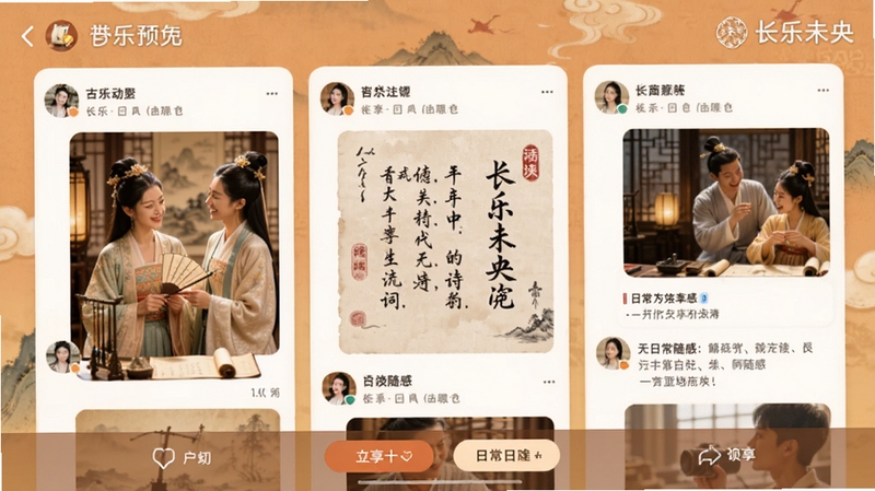 长乐未央动态分享页面预览,画面展示用户发布的图文动态流,包含古风摄影、手写诗词、日常随感等内容,界面采用暖色卡片式设计,底部有互动按钮,右上角带有长乐未央水印,整体氛围温馨活跃