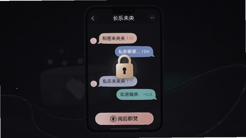长乐未央私密聊天界面示意图,画面展示加密聊天窗口与安全锁图标,背景为深色护眼模式,聊天气泡采用柔和圆角设计,底部有阅后即焚按钮,整体突出安全与私密的视觉感受,包含长乐未央名称