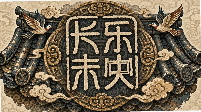 长乐未央文化寓意插画,画面以汉代瓦当纹样为背景,中央书写长乐未央四字篆书,周围环绕祥云与飞鸟,色调古朴典雅,适合作为软件文化内涵展示图