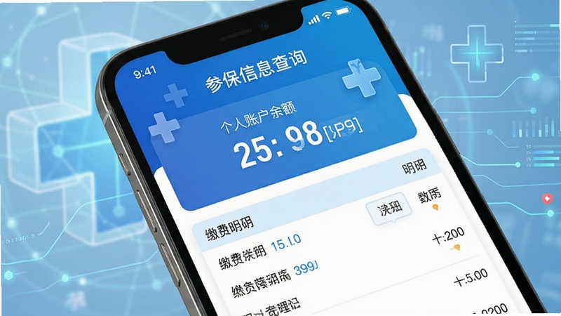 四川医保APP参保信息查询页面,手机屏幕特写,展示个人账户余额数字、缴费明细列表,界面清爽蓝色调,背景为抽象医疗十字与数据线条,突出数据可视化元素