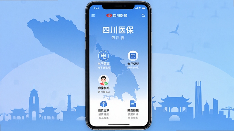 四川医保APP官方主界面全貌展示,手机屏幕居中放置,屏幕内显示四川医保蓝色主题首页,包含电子凭证、参保信息、缴费记录等图标,背景为四川地图轮廓与城市剪影,柔和蓝色渐变色调,扁平化设计风格,高清UI展示图