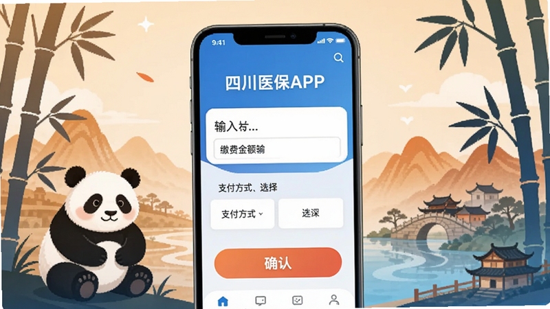 四川医保APP缴费页面,手机屏幕显示缴费金额输入框、支付方式选择、确认按钮,周围环绕四川特色元素如熊猫、竹子剪影,暖色调与蓝色结合,温馨便民风格