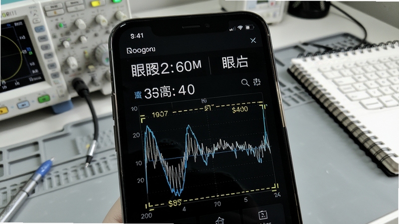 眼图医生端参数测量界面特写,画面主体为手机屏幕显示眼高眼宽数值与波形标注线,背景为浅灰色工作台面,旁边放置信号分析仪与笔记本,风格写实清晰,适配Boogu模型生成