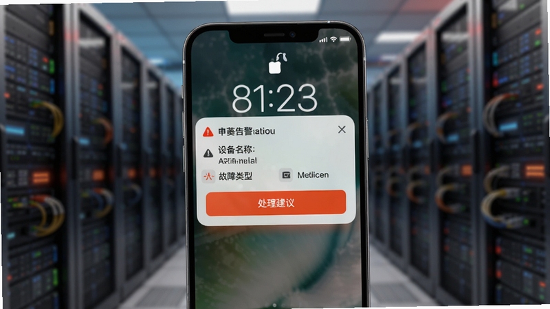 申菱物联智能告警推送功能示意图,手机锁屏界面弹出告警通知卡片,卡片中显示设备名称、故障类型与处理建议按钮,背景为模糊的机房环境,画面整体以橙红色告警色调点缀,突出紧迫感与科技感,适配Boogu模型生成