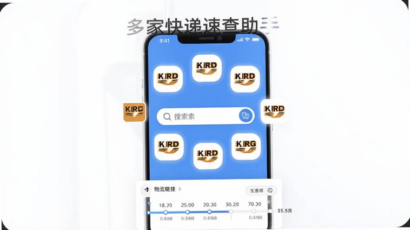 我家快递速查助手 多快递公司聚合查询功能展示图,画面中央为手机屏幕显示多个快递公司Logo环绕一个搜索框,背景为白色简洁风格,屏幕下方显示物流轨迹时间轴,整体色调明亮舒适