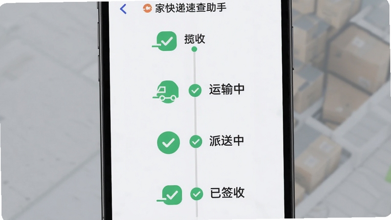 我家快递速查助手 物流轨迹时间轴界面,画面展示手机屏幕中一条垂直时间线,节点标注揽收、运输中、派送中、已签收等状态,背景为淡灰色,图标为绿色勾选标记,风格简约现代