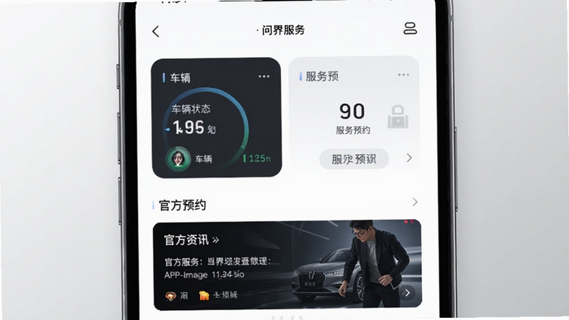 问界服务APP主界面展示,画面中央为手机屏幕显示问界服务应用首页,包含车辆状态卡片、服务预约入口、官方资讯轮播图,背景为浅灰色渐变,整体风格简洁科技感,Boogu-Image生成
