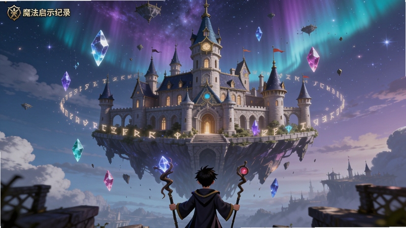 魔法启示录 游戏主界面全景展示,画面中央为一座漂浮在空中的魔法学院城堡,城堡周围环绕着发光的符文和悬浮的魔法水晶,背景区域展现紫蓝色星空与极光,前景有手持法杖的年轻魔法师背影,整体风格为欧美奇幻CG插画,色彩丰富,光影层次分明,适配Boogu模型生成